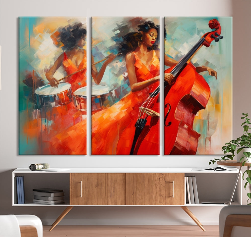 The "Cello Musician Abstract African American Wall Art" is a striking triptych showcasing a woman in an orange dress playing drums and a cello, exquisitely rendered on museum-quality canvas. This artwork arrives hand-assembled with framing and ready to hang, with free shipping included.