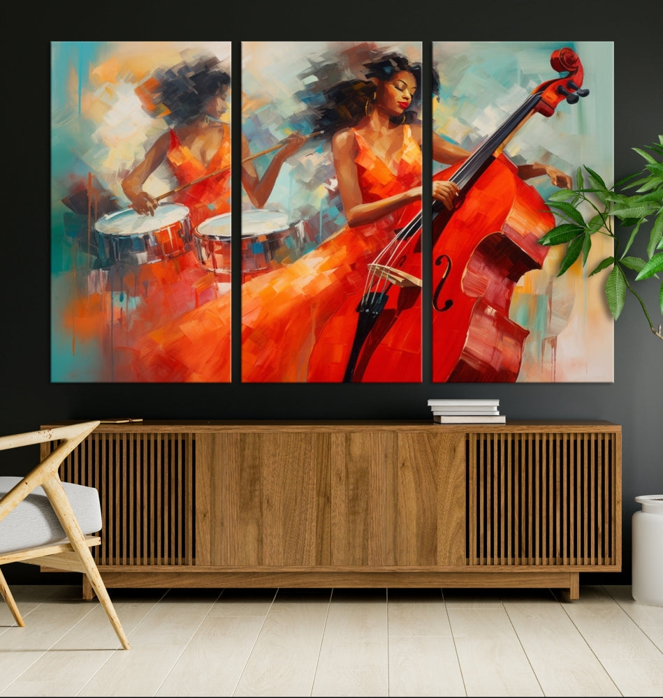 The "Cello Musician Abstract African American Wall Art" is a striking triptych showcasing a woman in an orange dress playing drums and a cello, exquisitely rendered on museum-quality canvas. This artwork arrives hand-assembled with framing and ready to hang, with free shipping included.