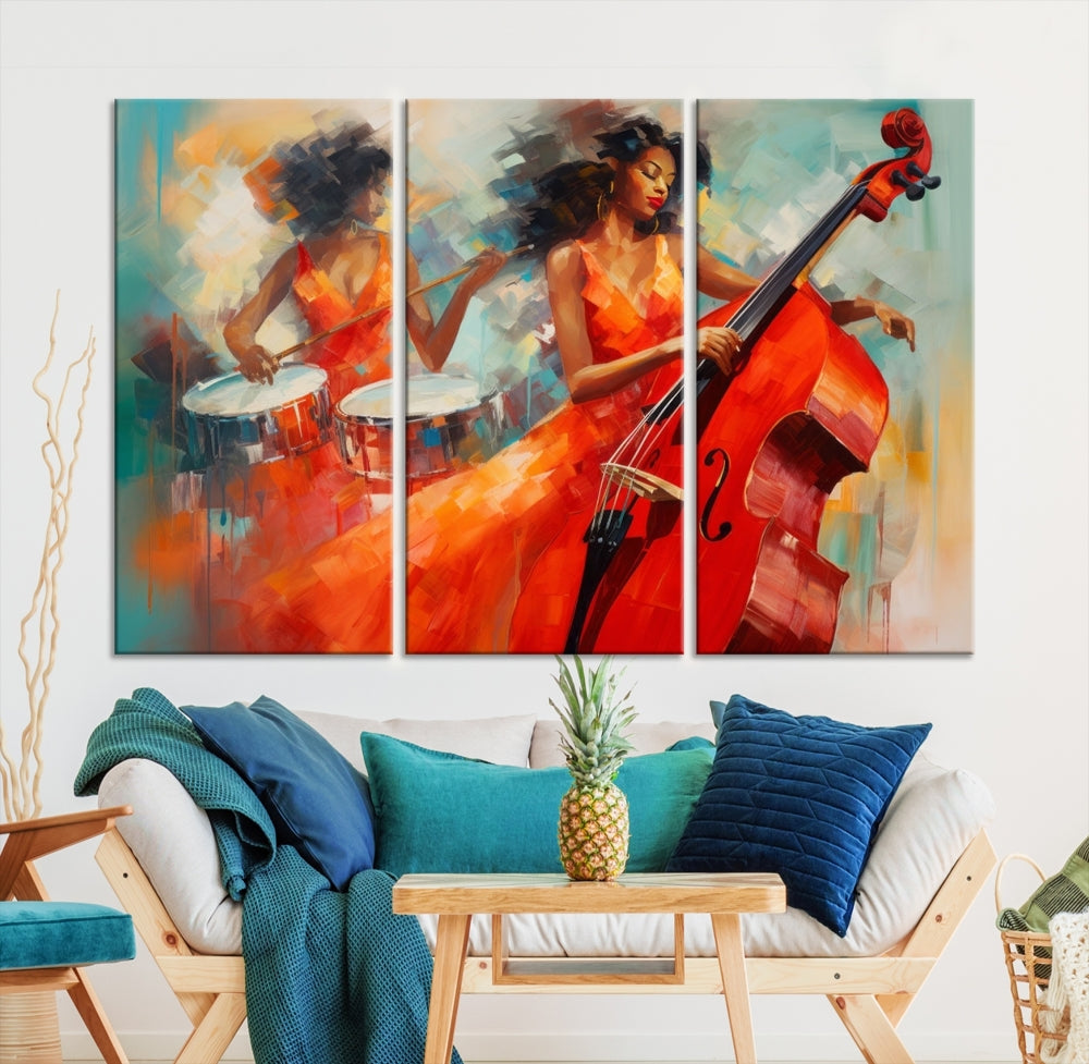 The "Cello Musician Abstract African American Wall Art" is a striking triptych showcasing a woman in an orange dress playing drums and a cello, exquisitely rendered on museum-quality canvas. This artwork arrives hand-assembled with framing and ready to hang, with free shipping included.