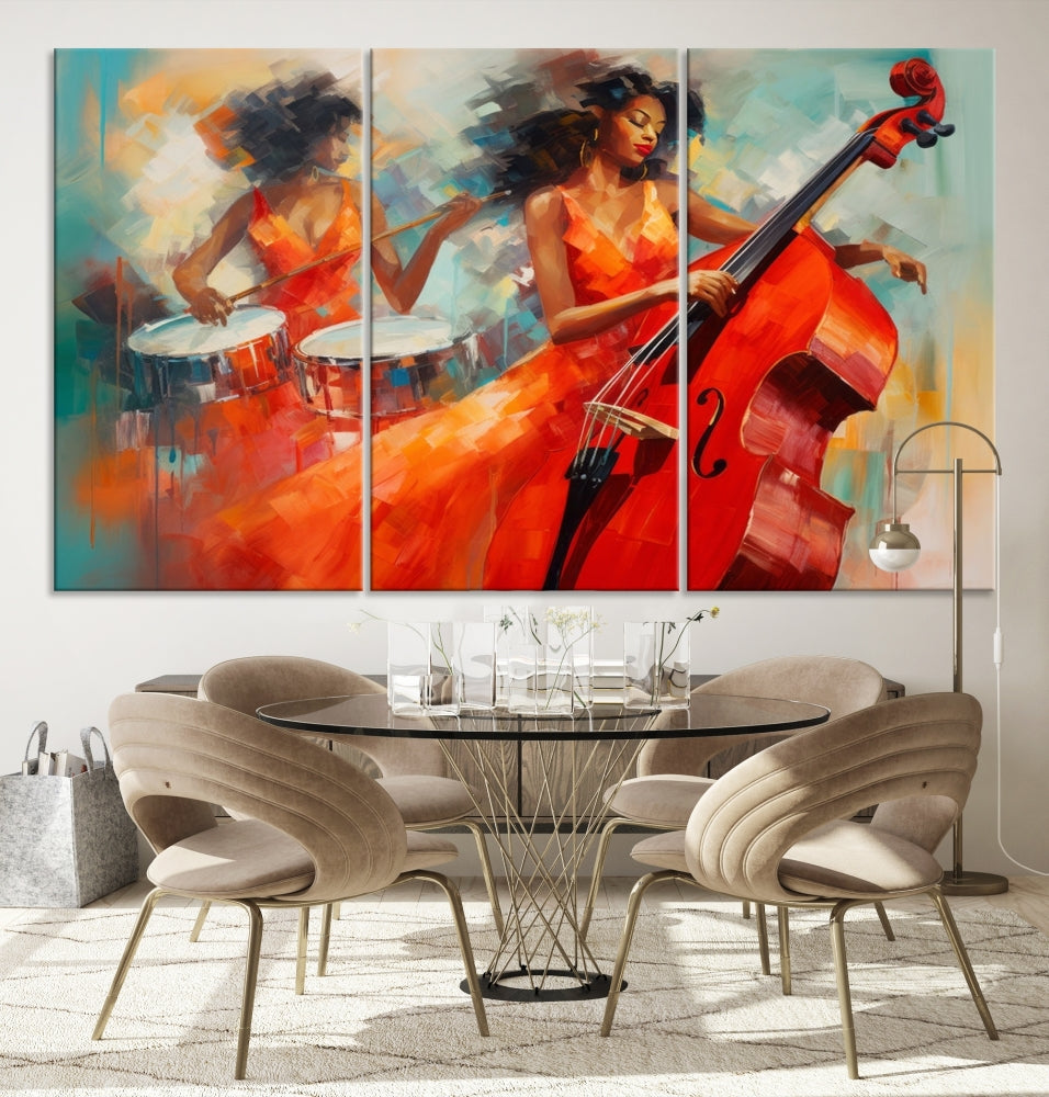 The "Cello Musician Abstract African American Wall Art" is a striking triptych showcasing a woman in an orange dress playing drums and a cello, exquisitely rendered on museum-quality canvas. This artwork arrives hand-assembled with framing and ready to hang, with free shipping included.