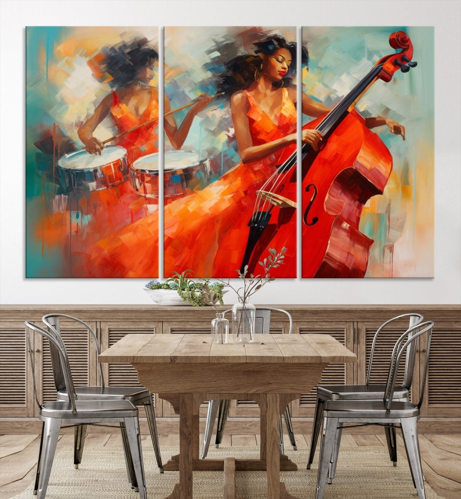 The "Cello Musician Abstract African American Wall Art" is a striking triptych showcasing a woman in an orange dress playing drums and a cello, exquisitely rendered on museum-quality canvas. This artwork arrives hand-assembled with framing and ready to hang, with free shipping included.