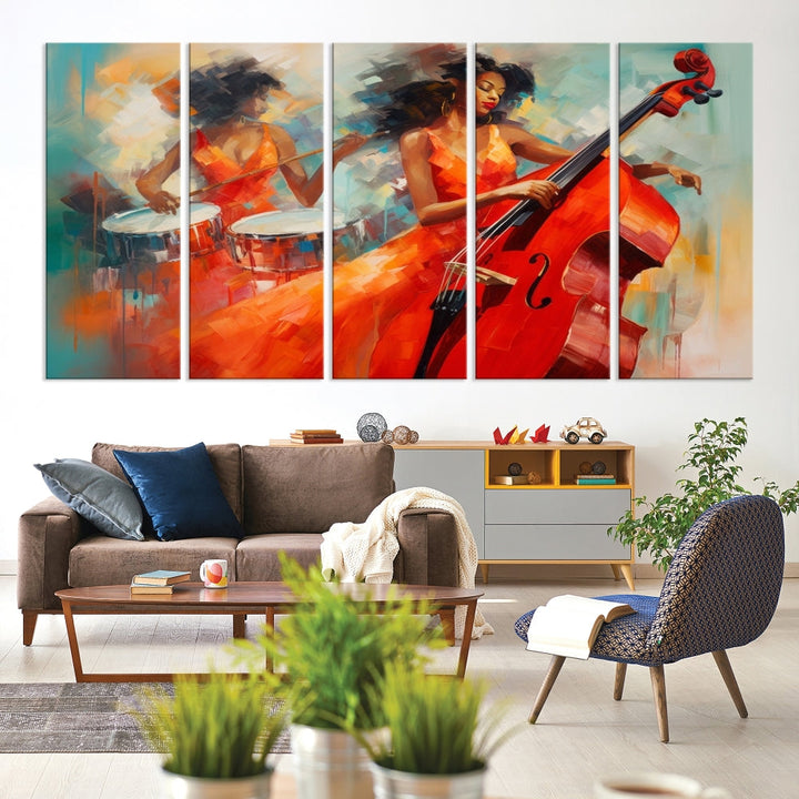 The "Cello Musician Abstract African American Wall Art" is a striking triptych showcasing a woman in an orange dress playing drums and a cello, exquisitely rendered on museum-quality canvas. This artwork arrives hand-assembled with framing and ready to hang, with free shipping included.