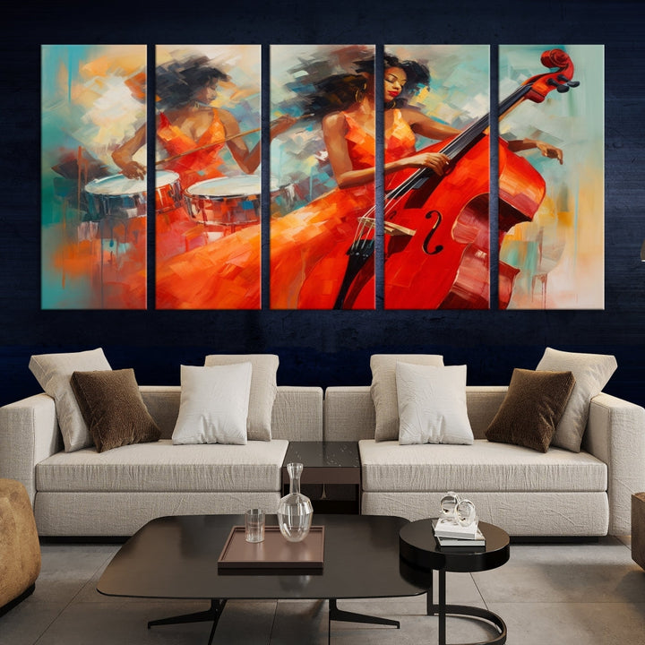 The "Cello Musician Abstract African American Wall Art" is a striking triptych showcasing a woman in an orange dress playing drums and a cello, exquisitely rendered on museum-quality canvas. This artwork arrives hand-assembled with framing and ready to hang, with free shipping included.