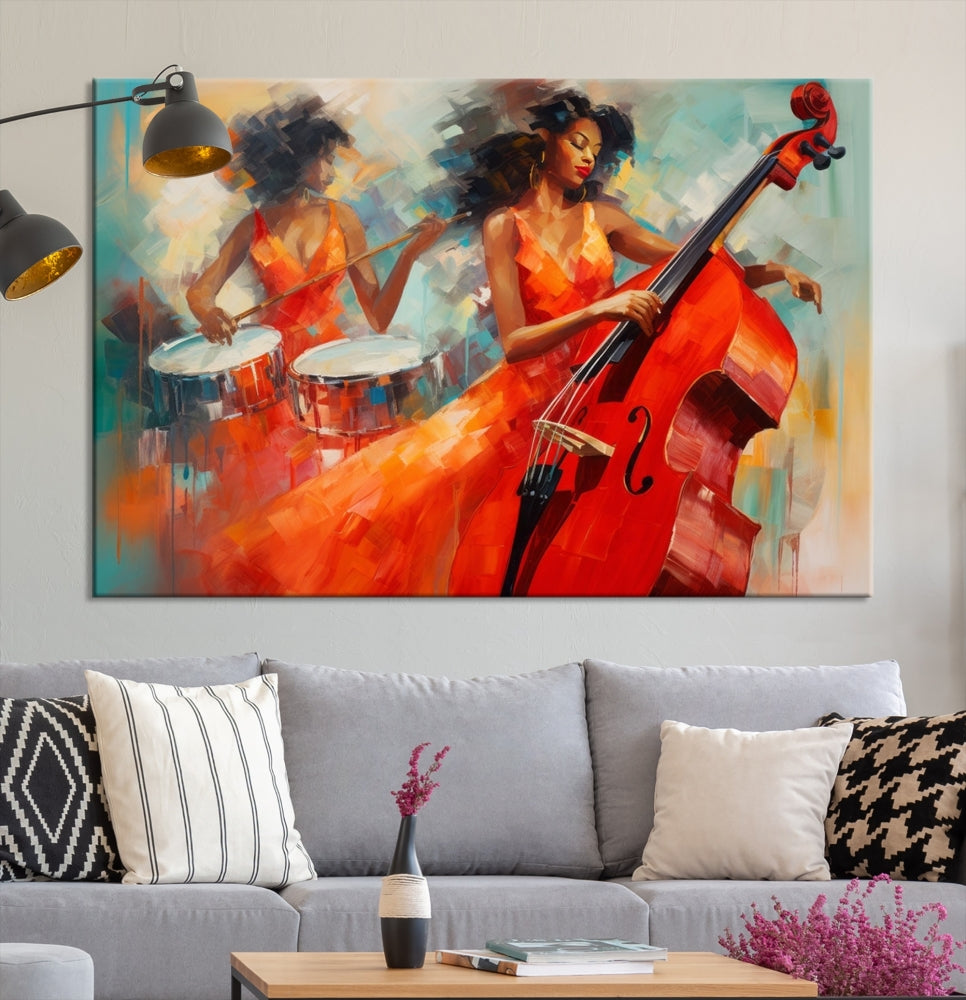 The "Cello Musician Abstract African American Wall Art" is a striking triptych showcasing a woman in an orange dress playing drums and a cello, exquisitely rendered on museum-quality canvas. This artwork arrives hand-assembled with framing and ready to hang, with free shipping included.