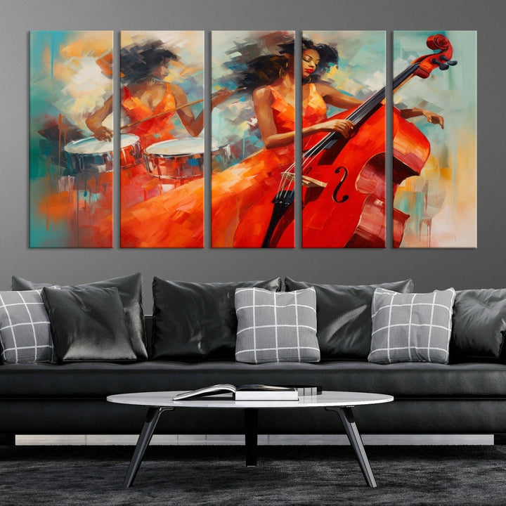 The "Cello Musician Abstract African American Wall Art" is a striking triptych showcasing a woman in an orange dress playing drums and a cello, exquisitely rendered on museum-quality canvas. This artwork arrives hand-assembled with framing and ready to hang, with free shipping included.