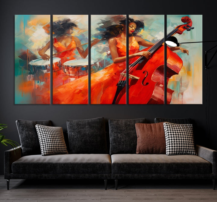 The "Cello Musician Abstract African American Wall Art" is a striking triptych showcasing a woman in an orange dress playing drums and a cello, exquisitely rendered on museum-quality canvas. This artwork arrives hand-assembled with framing and ready to hang, with free shipping included.