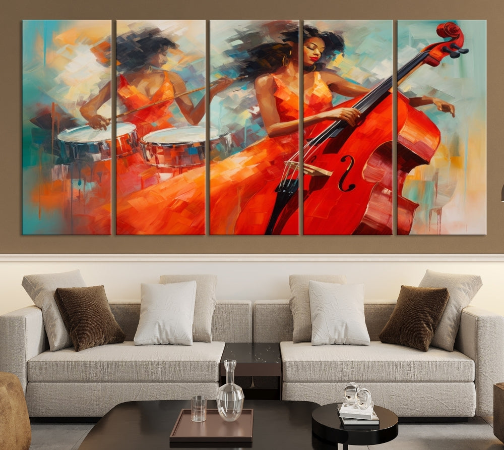 The "Cello Musician Abstract African American Wall Art" is a striking triptych showcasing a woman in an orange dress playing drums and a cello, exquisitely rendered on museum-quality canvas. This artwork arrives hand-assembled with framing and ready to hang, with free shipping included.