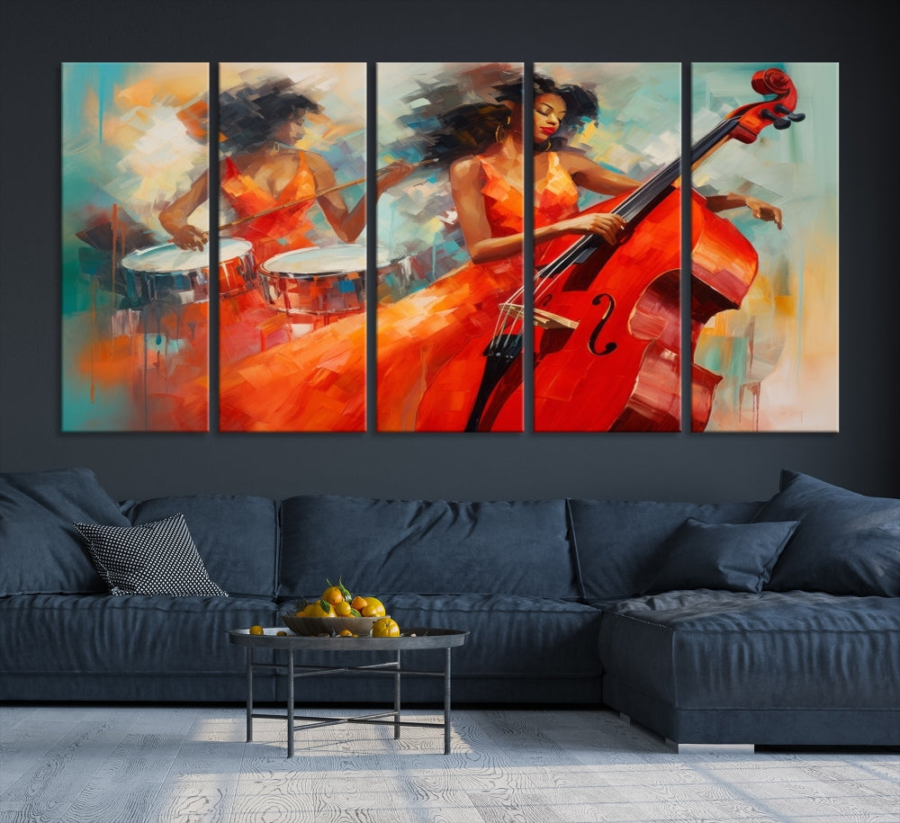 The "Cello Musician Abstract African American Wall Art" is a striking triptych showcasing a woman in an orange dress playing drums and a cello, exquisitely rendered on museum-quality canvas. This artwork arrives hand-assembled with framing and ready to hang, with free shipping included.