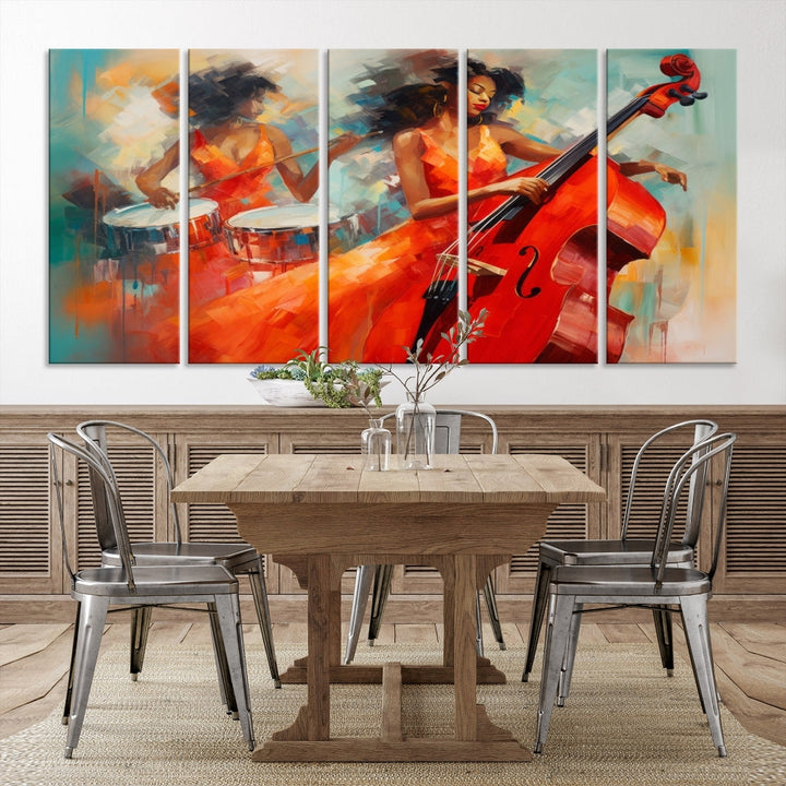 The "Cello Musician Abstract African American Wall Art" is a striking triptych showcasing a woman in an orange dress playing drums and a cello, exquisitely rendered on museum-quality canvas. This artwork arrives hand-assembled with framing and ready to hang, with free shipping included.