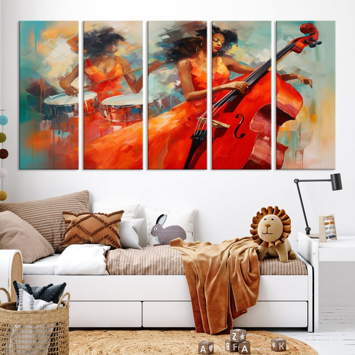 The "Cello Musician Abstract African American Wall Art" is a striking triptych showcasing a woman in an orange dress playing drums and a cello, exquisitely rendered on museum-quality canvas. This artwork arrives hand-assembled with framing and ready to hang, with free shipping included.