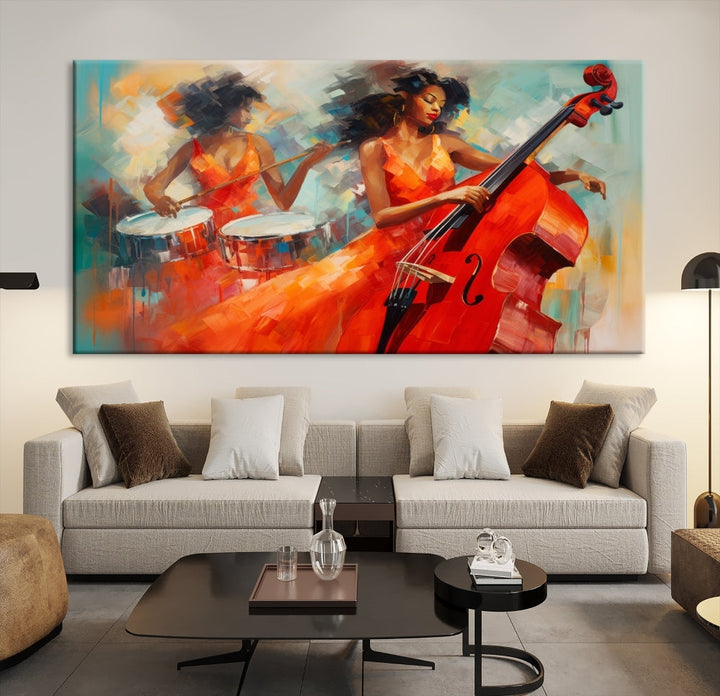 The "Cello Musician Abstract African American Wall Art" is a striking triptych showcasing a woman in an orange dress playing drums and a cello, exquisitely rendered on museum-quality canvas. This artwork arrives hand-assembled with framing and ready to hang, with free shipping included.