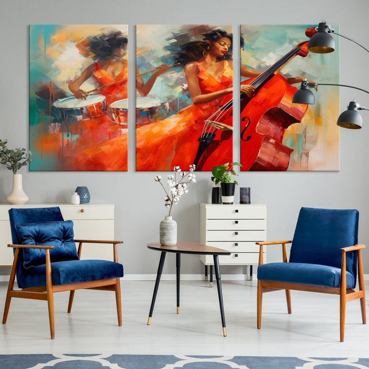 The "Cello Musician Abstract African American Wall Art" is a striking triptych showcasing a woman in an orange dress playing drums and a cello, exquisitely rendered on museum-quality canvas. This artwork arrives hand-assembled with framing and ready to hang, with free shipping included.