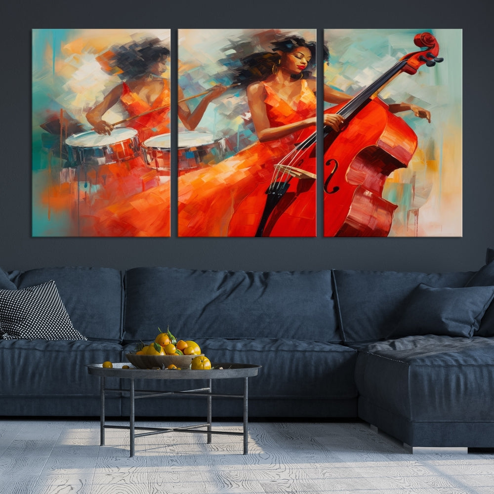 The "Cello Musician Abstract African American Wall Art" is a striking triptych showcasing a woman in an orange dress playing drums and a cello, exquisitely rendered on museum-quality canvas. This artwork arrives hand-assembled with framing and ready to hang, with free shipping included.