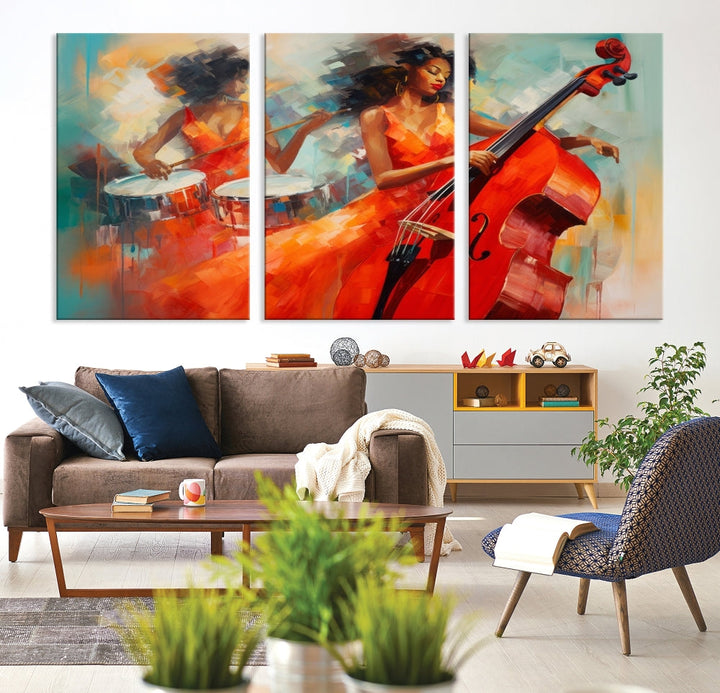 The "Cello Musician Abstract African American Wall Art" is a striking triptych showcasing a woman in an orange dress playing drums and a cello, exquisitely rendered on museum-quality canvas. This artwork arrives hand-assembled with framing and ready to hang, with free shipping included.