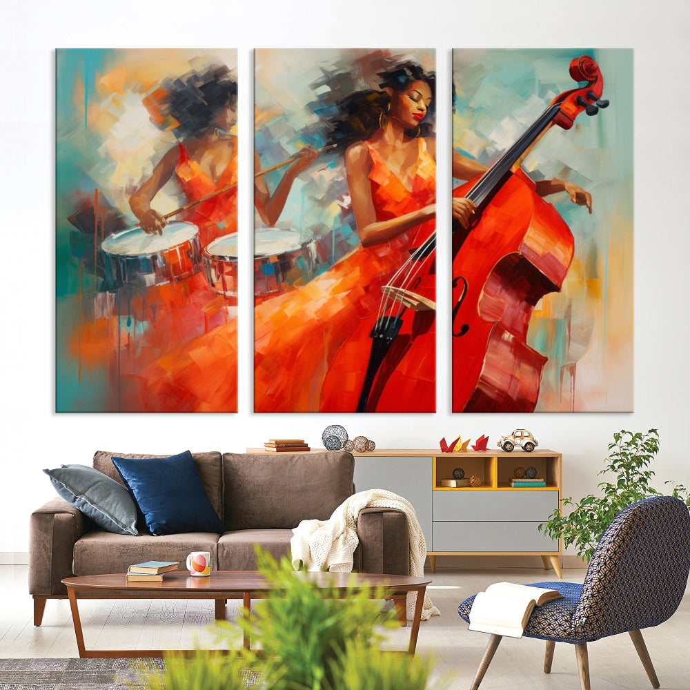 The "Cello Musician Abstract African American Wall Art" is a striking triptych showcasing a woman in an orange dress playing drums and a cello, exquisitely rendered on museum-quality canvas. This artwork arrives hand-assembled with framing and ready to hang, with free shipping included.