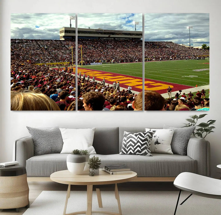 Hanging in the living room is the "Central Michigan University Chippewas Football Team Print," a gallery-quality canvas that features Mount Pleasant's Kelly/Shorts Stadium.