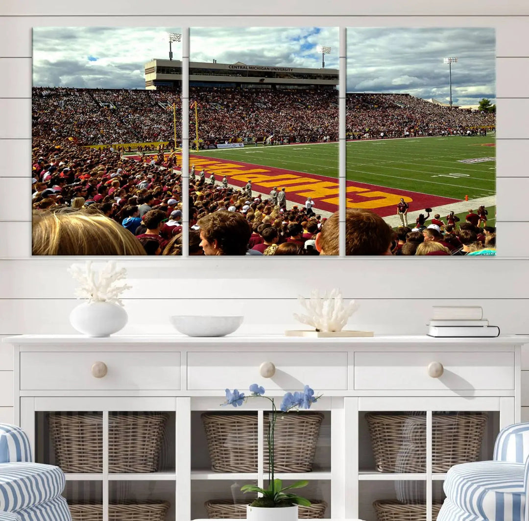 Hanging in the living room is the "Central Michigan University Chippewas Football Team Print," a gallery-quality canvas that features Mount Pleasant's Kelly/Shorts Stadium.