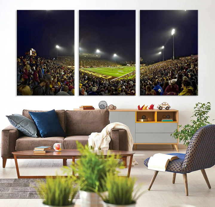 Experience the vibrant energy of a crowded football night under the bright lights of Kelly/Shorts Stadium, captured in our "Central Michigan University Chippewas Football Team Print - Mount Pleasant Kelly/Shorts Stadium Wall Art Canvas Print." This triple canvas wall art encapsulates excitement in every corner.