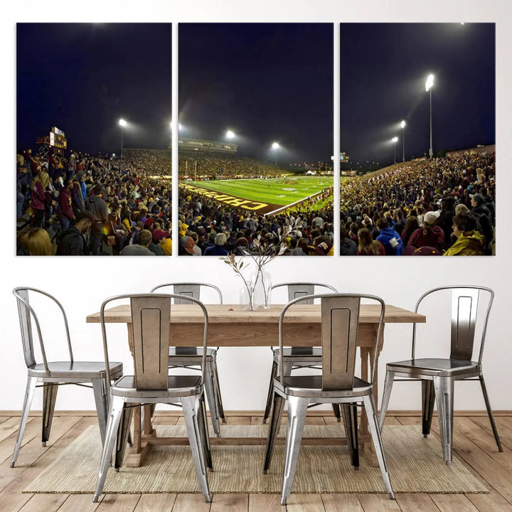 Experience the vibrant energy of a crowded football night under the bright lights of Kelly/Shorts Stadium, captured in our "Central Michigan University Chippewas Football Team Print - Mount Pleasant Kelly/Shorts Stadium Wall Art Canvas Print." This triple canvas wall art encapsulates excitement in every corner.