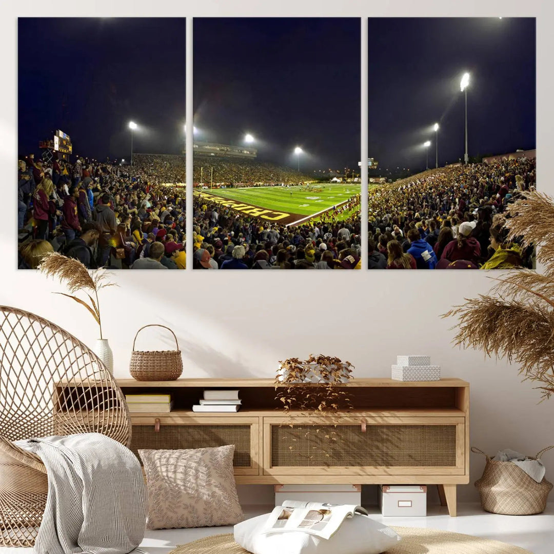 Experience the vibrant energy of a crowded football night under the bright lights of Kelly/Shorts Stadium, captured in our "Central Michigan University Chippewas Football Team Print - Mount Pleasant Kelly/Shorts Stadium Wall Art Canvas Print." This triple canvas wall art encapsulates excitement in every corner.