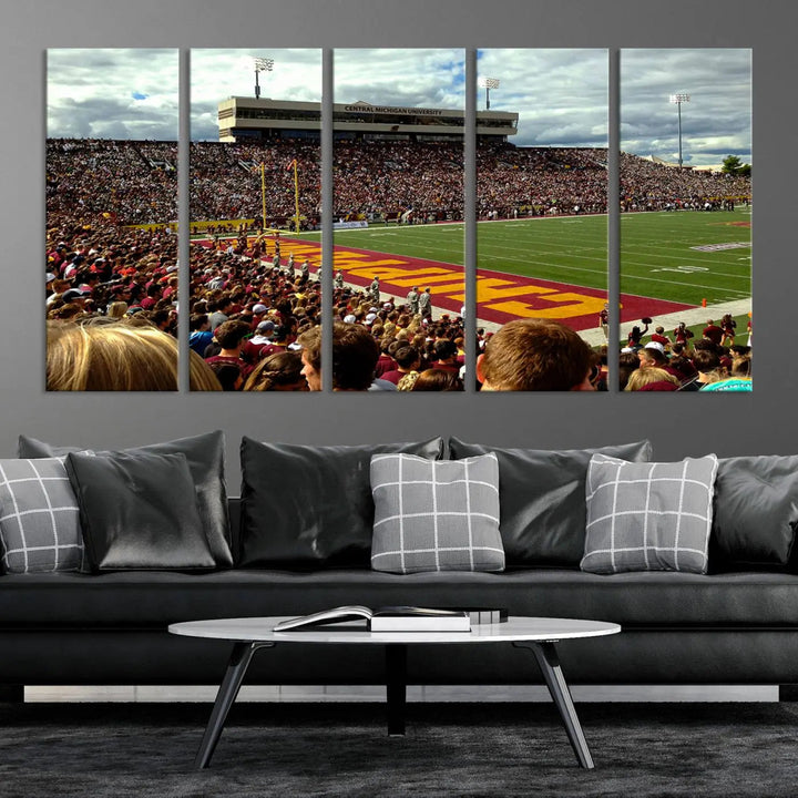 Hanging in the living room is the "Central Michigan University Chippewas Football Team Print," a gallery-quality canvas that features Mount Pleasant's Kelly/Shorts Stadium.