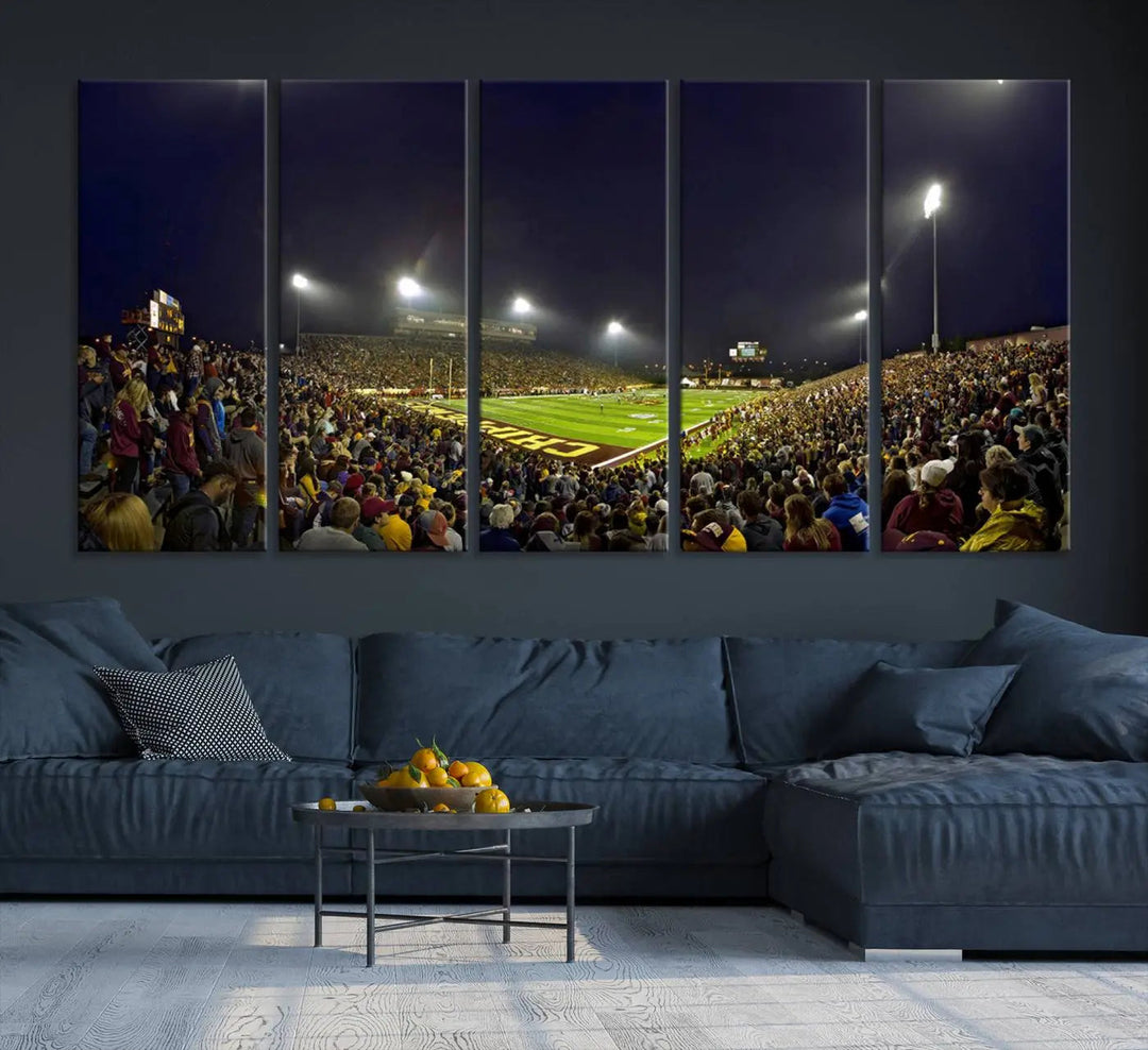 Experience the vibrant energy of a crowded football night under the bright lights of Kelly/Shorts Stadium, captured in our "Central Michigan University Chippewas Football Team Print - Mount Pleasant Kelly/Shorts Stadium Wall Art Canvas Print." This triple canvas wall art encapsulates excitement in every corner.