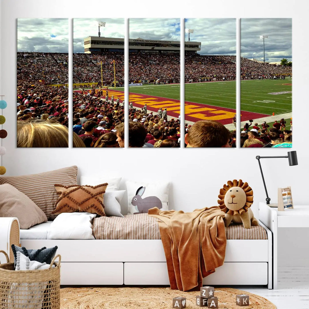 Hanging in the living room is the "Central Michigan University Chippewas Football Team Print," a gallery-quality canvas that features Mount Pleasant's Kelly/Shorts Stadium.