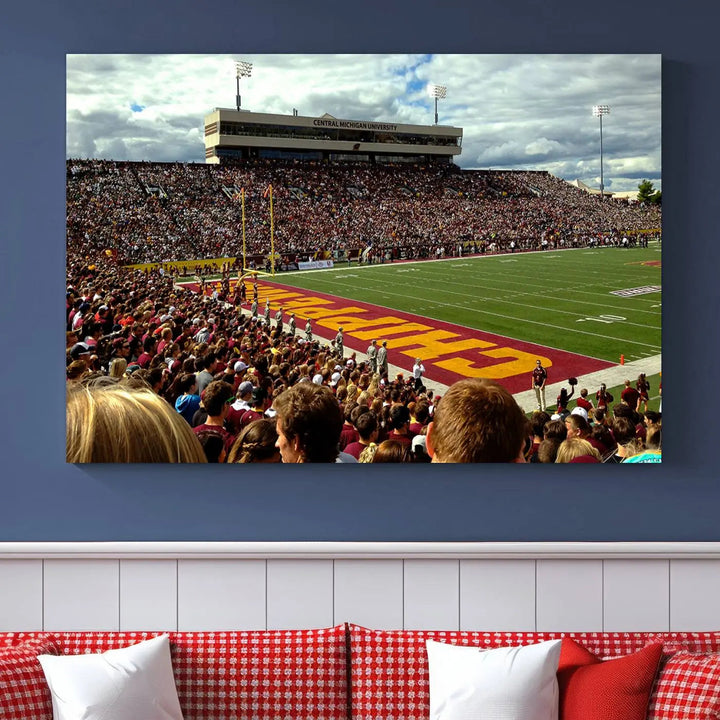 Hanging in the living room is the "Central Michigan University Chippewas Football Team Print," a gallery-quality canvas that features Mount Pleasant's Kelly/Shorts Stadium.