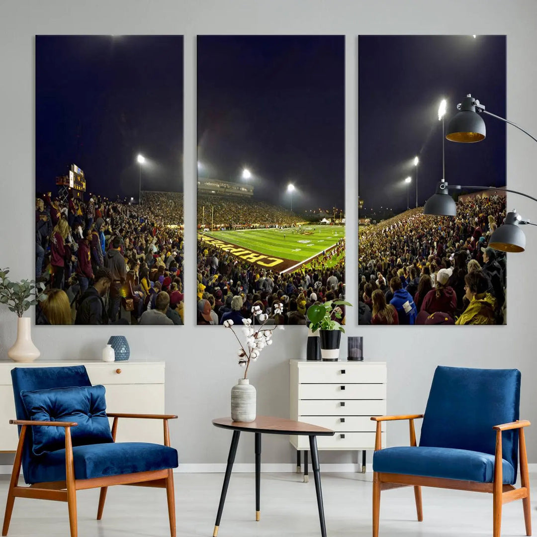 Experience the vibrant energy of a crowded football night under the bright lights of Kelly/Shorts Stadium, captured in our "Central Michigan University Chippewas Football Team Print - Mount Pleasant Kelly/Shorts Stadium Wall Art Canvas Print." This triple canvas wall art encapsulates excitement in every corner.