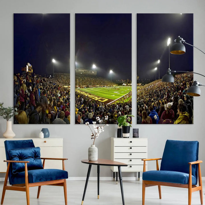 Experience the vibrant energy of a crowded football night under the bright lights of Kelly/Shorts Stadium, captured in our "Central Michigan University Chippewas Football Team Print - Mount Pleasant Kelly/Shorts Stadium Wall Art Canvas Print." This triple canvas wall art encapsulates excitement in every corner.