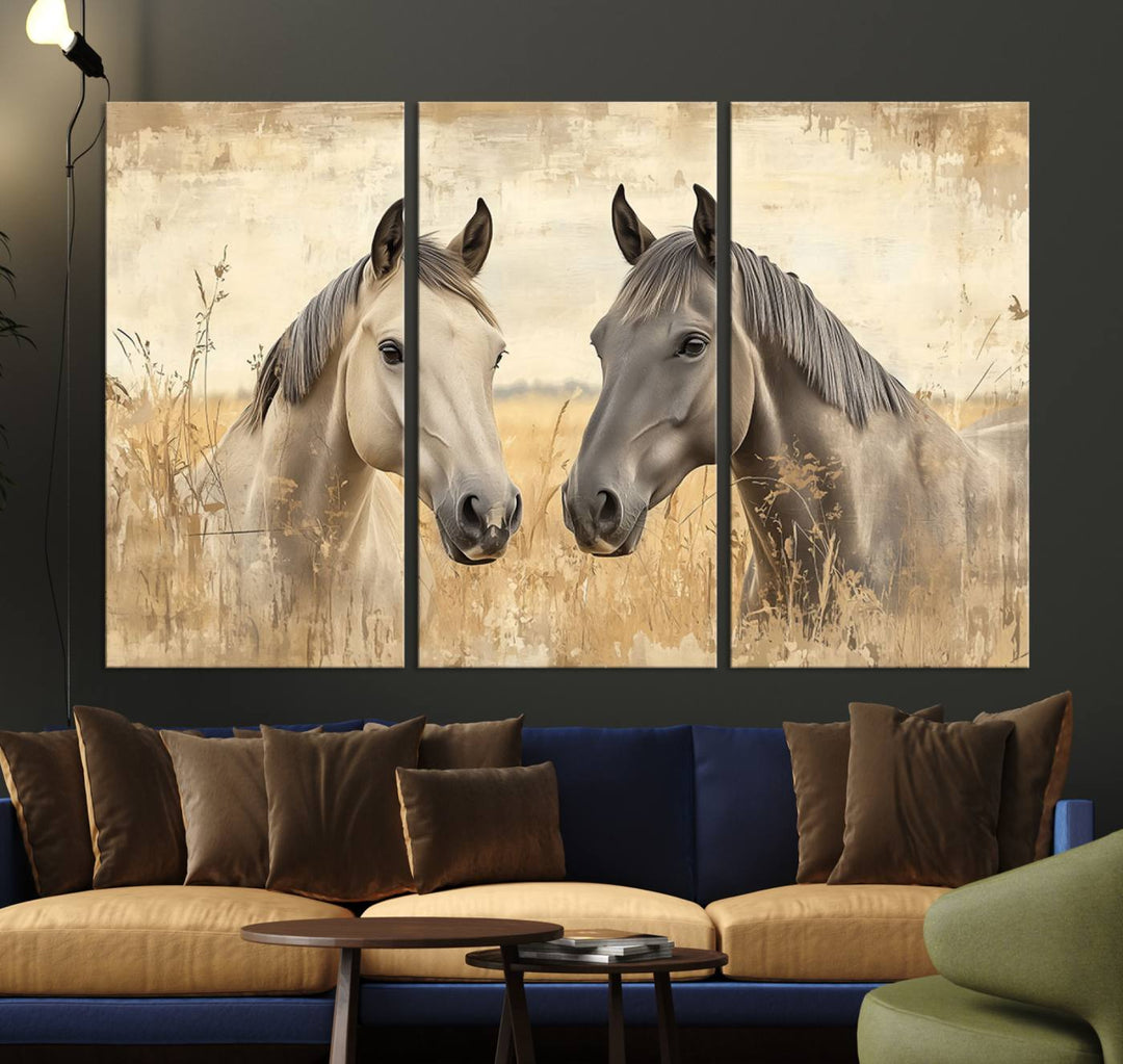 The "Chinese Ink Style Grunge Horses Wall Art Canvas Print," featuring two horses in a field, hangs prominently, highlighting its museum-quality canvas and high-resolution printing.