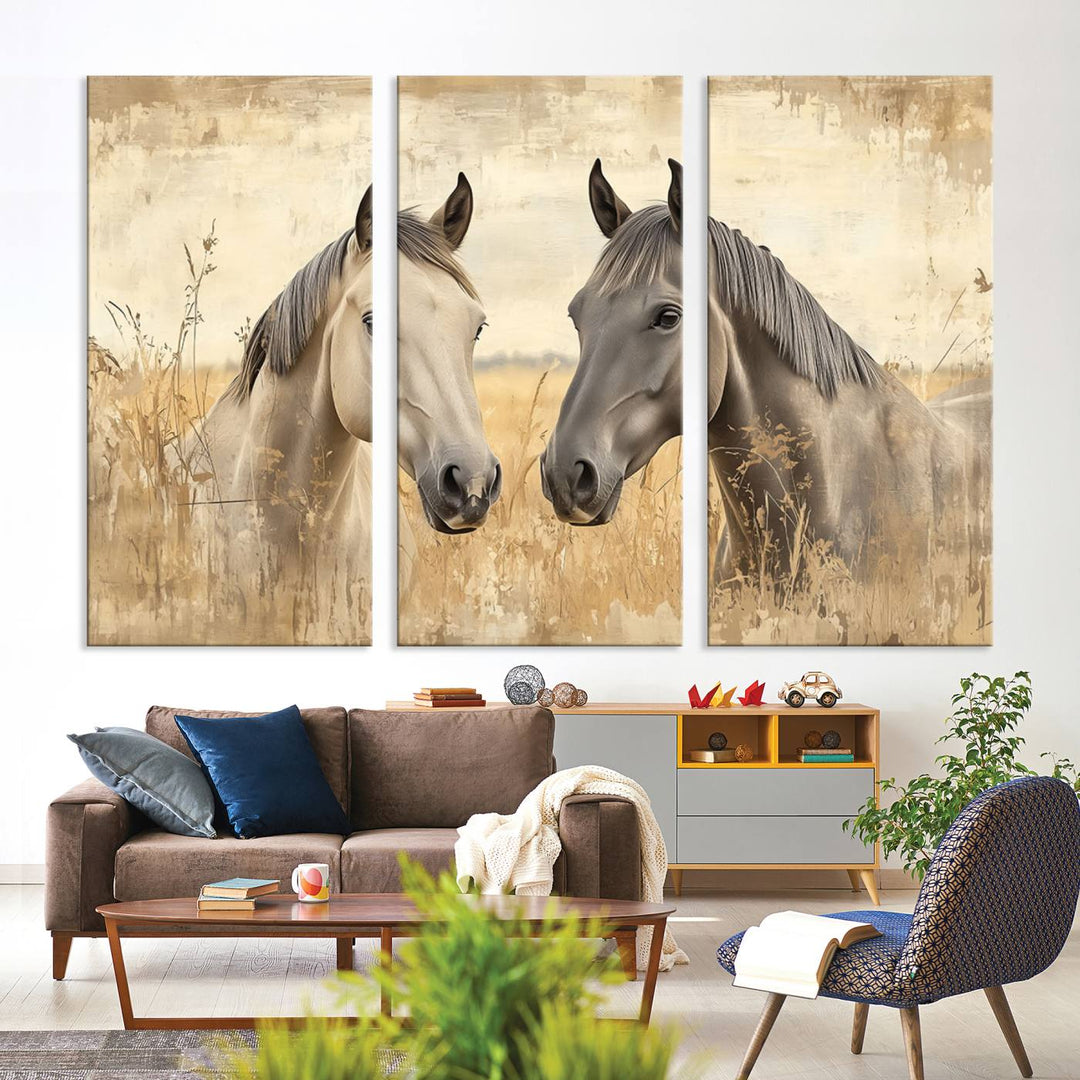 The "Chinese Ink Style Grunge Horses Wall Art Canvas Print," featuring two horses in a field, hangs prominently, highlighting its museum-quality canvas and high-resolution printing.