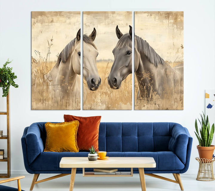 The "Chinese Ink Style Grunge Horses Wall Art Canvas Print," featuring two horses in a field, hangs prominently, highlighting its museum-quality canvas and high-resolution printing.