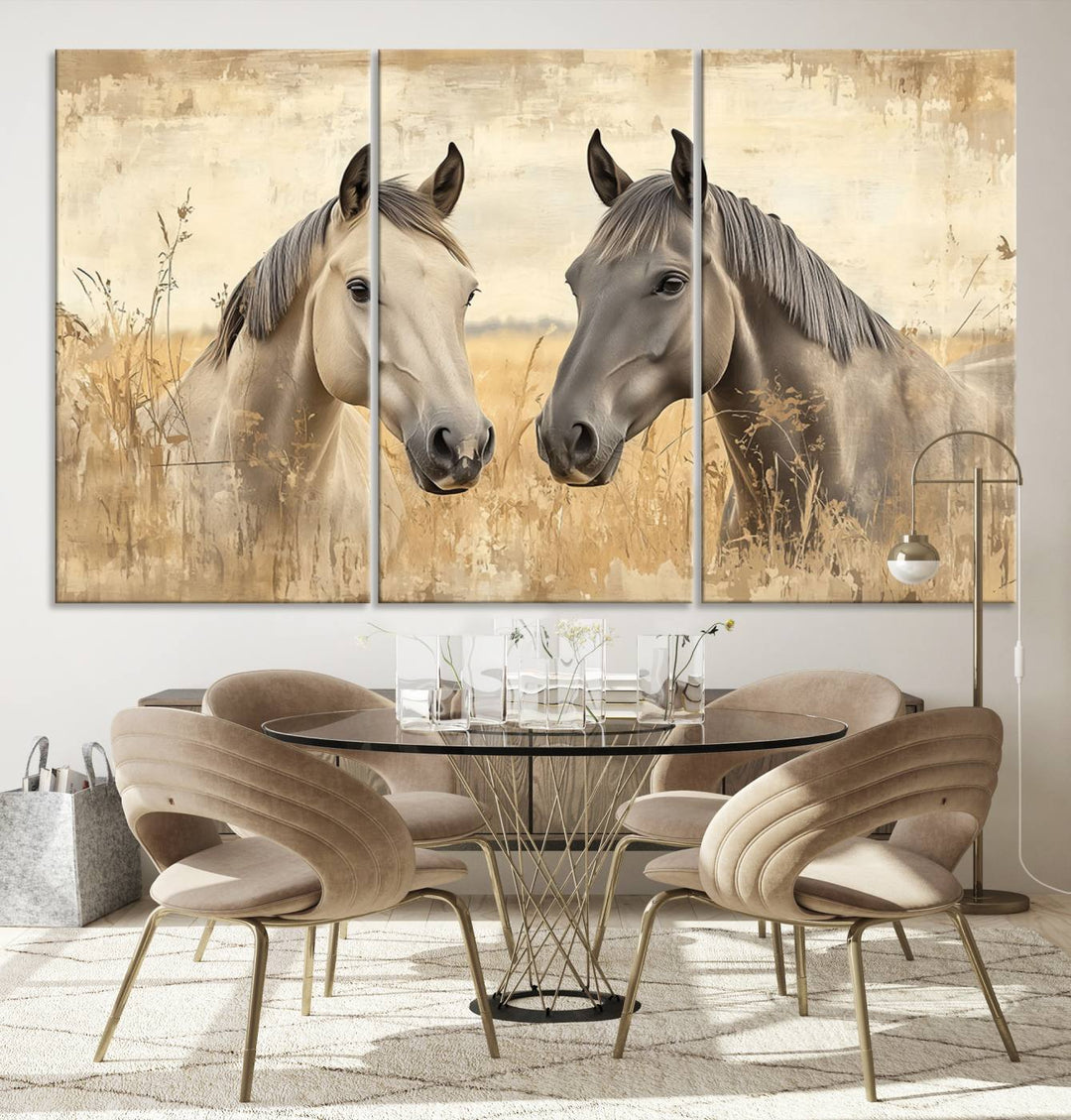 The "Chinese Ink Style Grunge Horses Wall Art Canvas Print," featuring two horses in a field, hangs prominently, highlighting its museum-quality canvas and high-resolution printing.