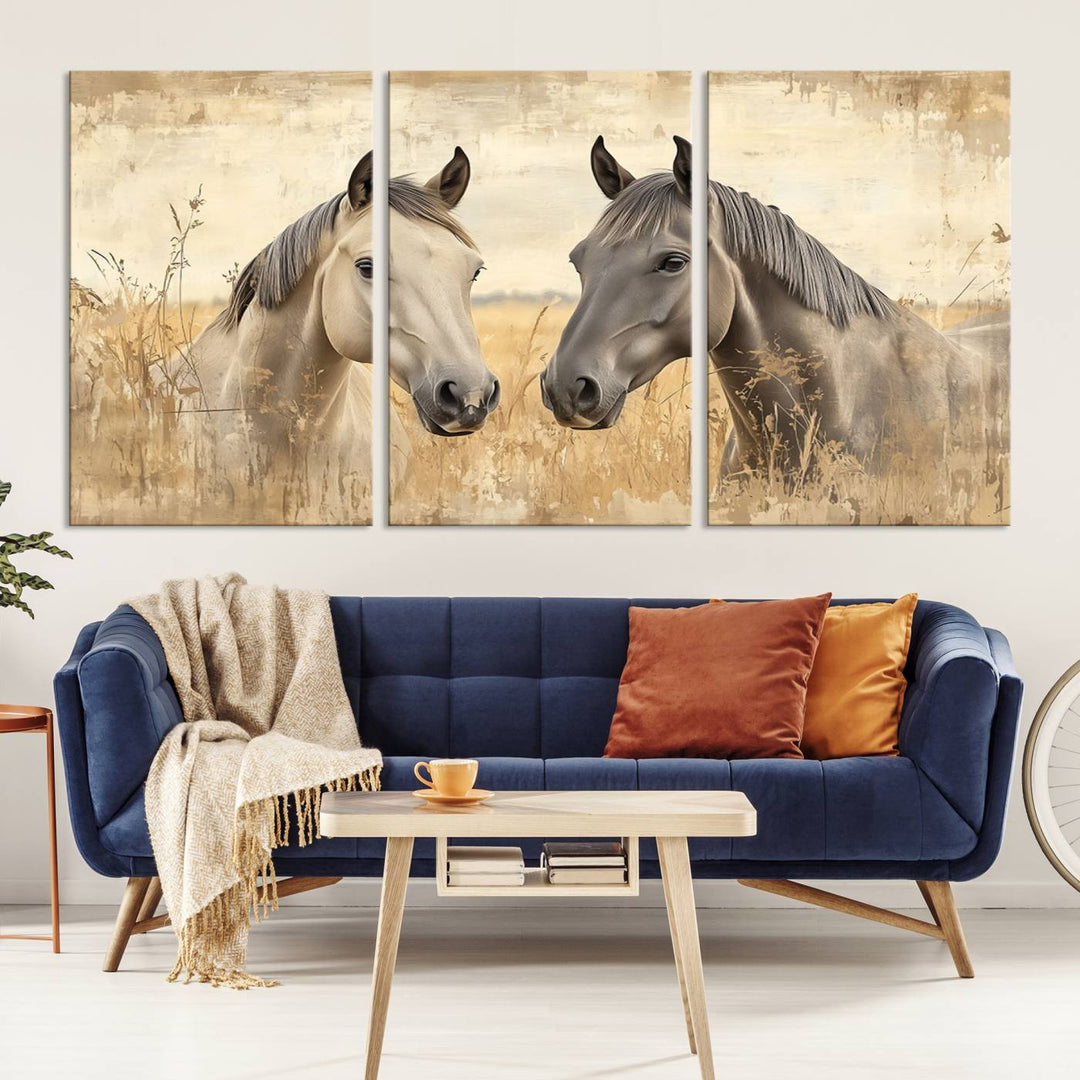 The "Chinese Ink Style Grunge Horses Wall Art Canvas Print," featuring two horses in a field, hangs prominently, highlighting its museum-quality canvas and high-resolution printing.