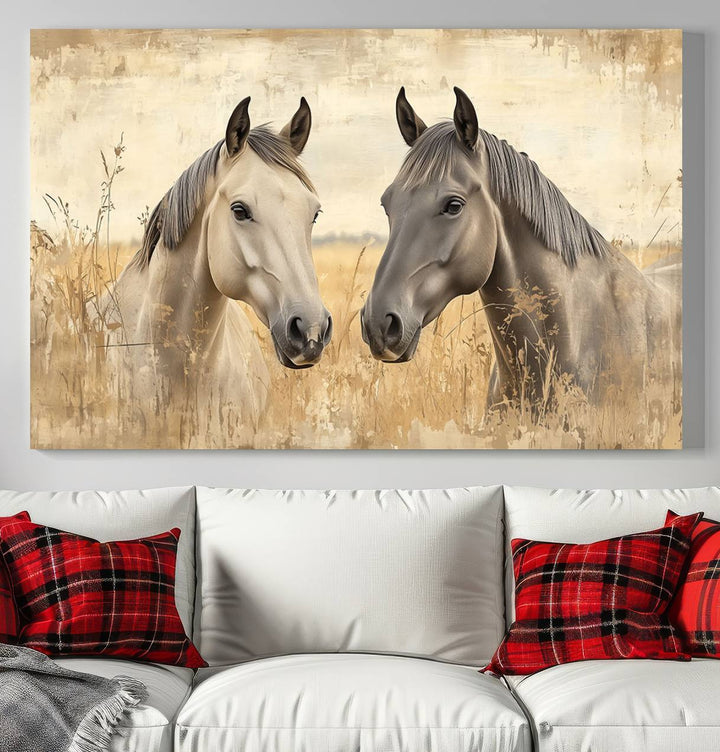 The "Chinese Ink Style Grunge Horses Wall Art Canvas Print," featuring two horses in a field, hangs prominently, highlighting its museum-quality canvas and high-resolution printing.