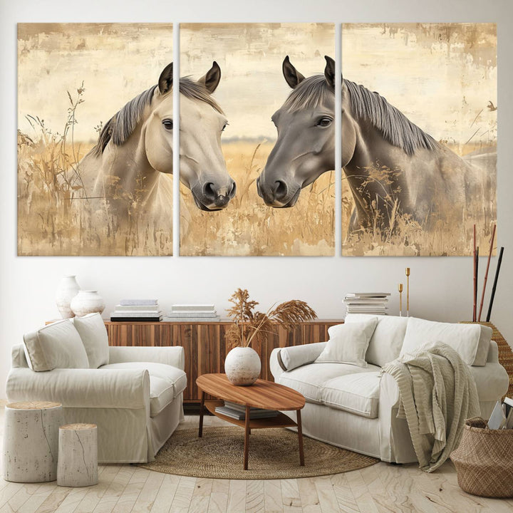 The "Chinese Ink Style Grunge Horses Wall Art Canvas Print," featuring two horses in a field, hangs prominently, highlighting its museum-quality canvas and high-resolution printing.