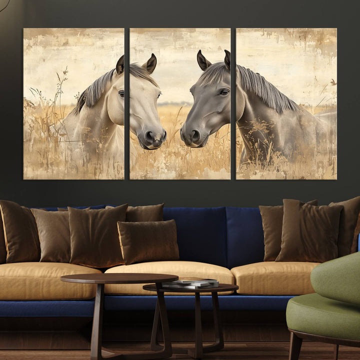 The "Chinese Ink Style Grunge Horses Wall Art Canvas Print," featuring two horses in a field, hangs prominently, highlighting its museum-quality canvas and high-resolution printing.