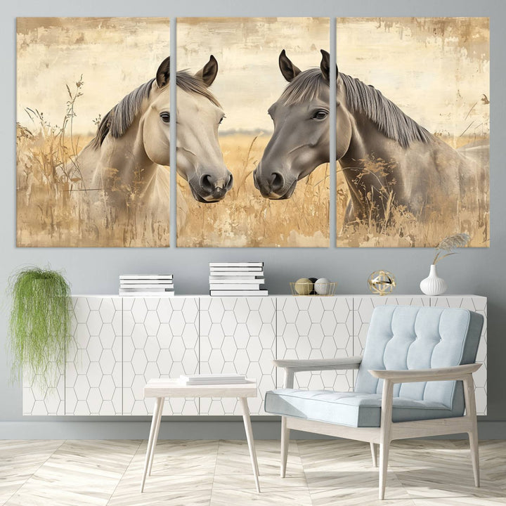 The "Chinese Ink Style Grunge Horses Wall Art Canvas Print," featuring two horses in a field, hangs prominently, highlighting its museum-quality canvas and high-resolution printing.