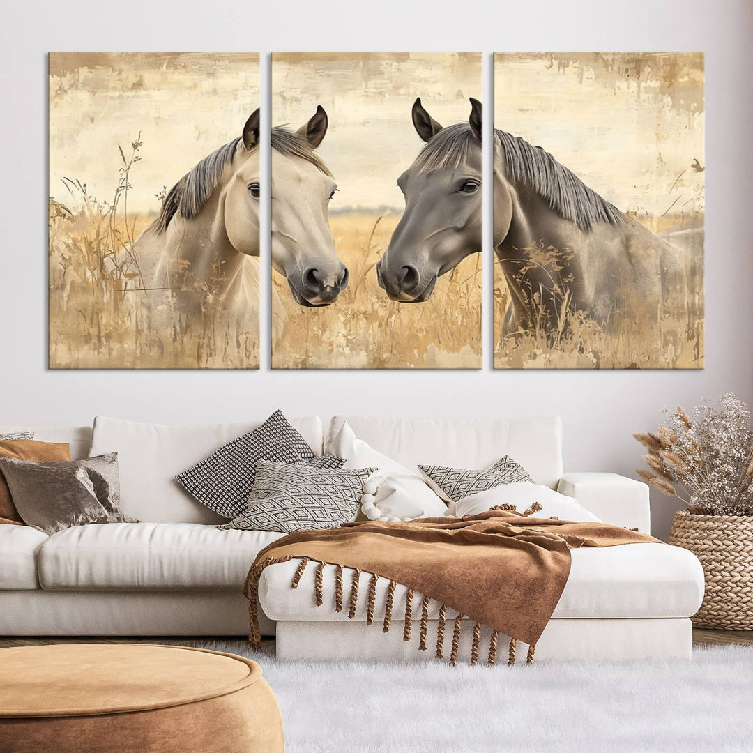 The "Chinese Ink Style Grunge Horses Wall Art Canvas Print," featuring two horses in a field, hangs prominently, highlighting its museum-quality canvas and high-resolution printing.