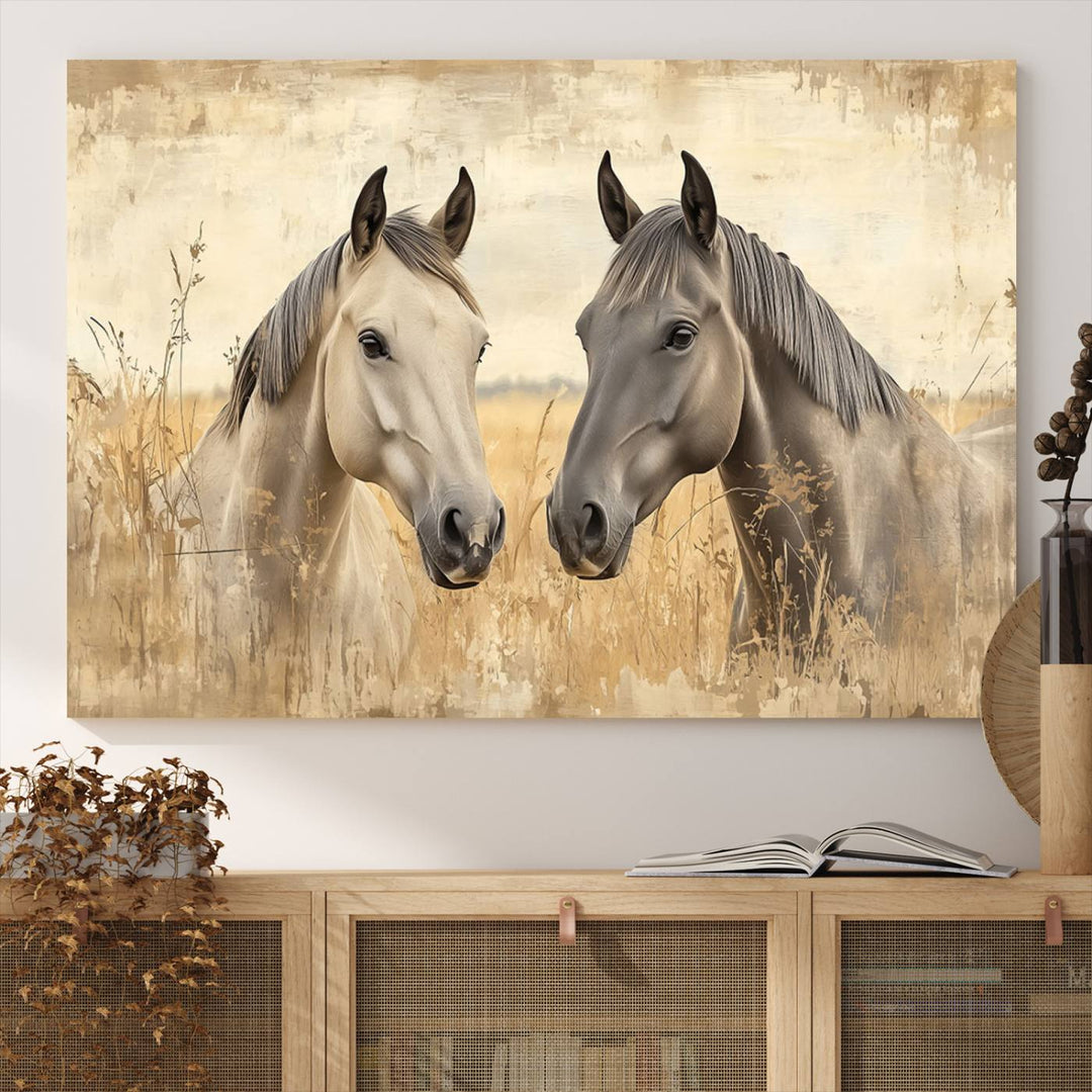 The "Chinese Ink Style Grunge Horses Wall Art Canvas Print," featuring two horses in a field, hangs prominently, highlighting its museum-quality canvas and high-resolution printing.