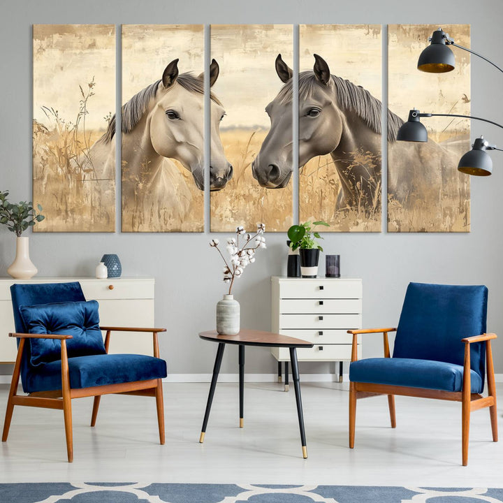 The "Chinese Ink Style Grunge Horses Wall Art Canvas Print," featuring two horses in a field, hangs prominently, highlighting its museum-quality canvas and high-resolution printing.