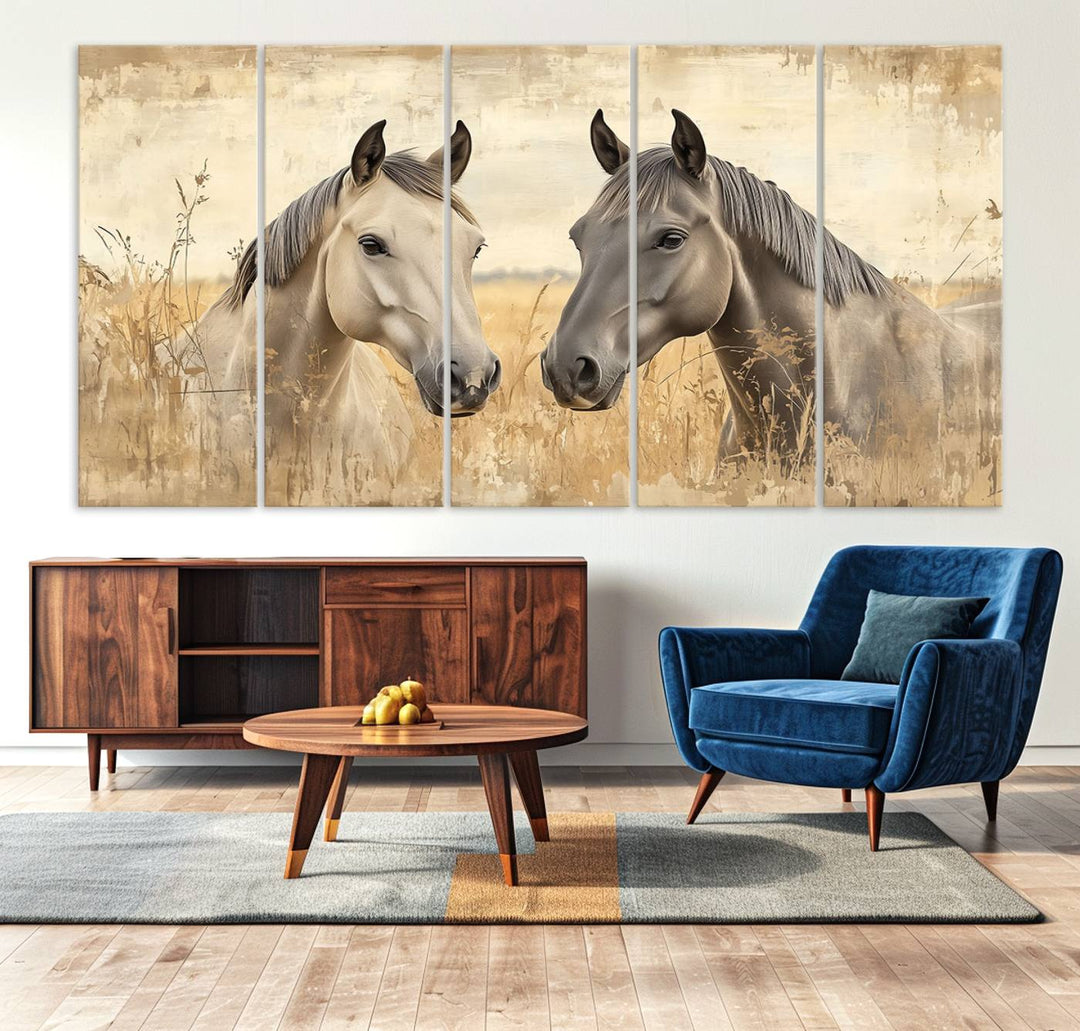 The "Chinese Ink Style Grunge Horses Wall Art Canvas Print," featuring two horses in a field, hangs prominently, highlighting its museum-quality canvas and high-resolution printing.