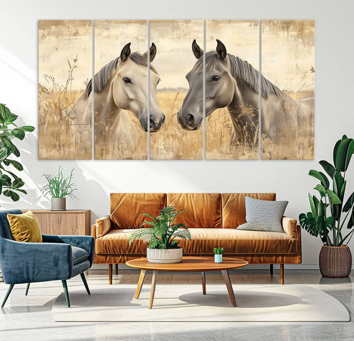 The "Chinese Ink Style Grunge Horses Wall Art Canvas Print," featuring two horses in a field, hangs prominently, highlighting its museum-quality canvas and high-resolution printing.