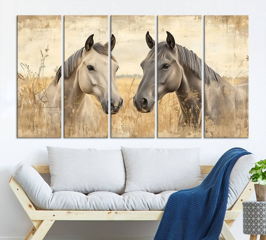 The "Chinese Ink Style Grunge Horses Wall Art Canvas Print," featuring two horses in a field, hangs prominently, highlighting its museum-quality canvas and high-resolution printing.