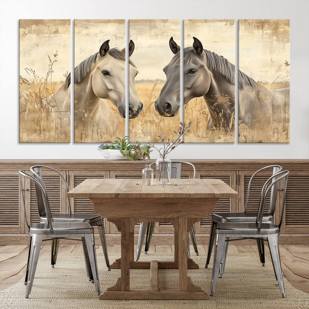 The "Chinese Ink Style Grunge Horses Wall Art Canvas Print," featuring two horses in a field, hangs prominently, highlighting its museum-quality canvas and high-resolution printing.