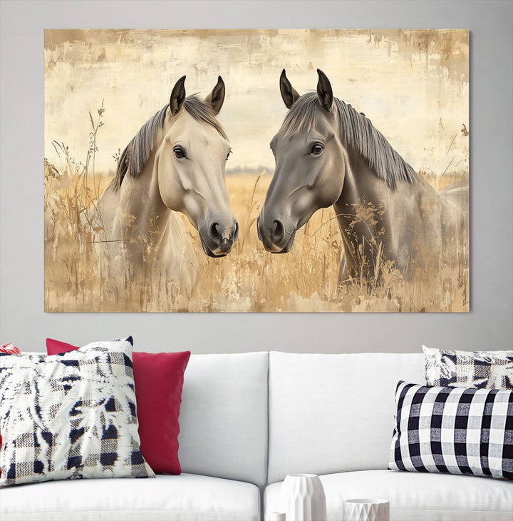 The "Chinese Ink Style Grunge Horses Wall Art Canvas Print," featuring two horses in a field, hangs prominently, highlighting its museum-quality canvas and high-resolution printing.