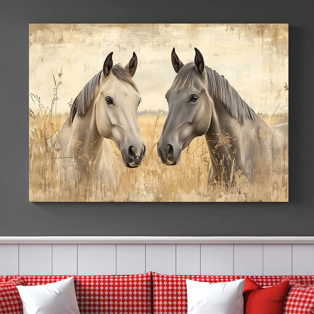 The "Chinese Ink Style Grunge Horses Wall Art Canvas Print," featuring two horses in a field, hangs prominently, highlighting its museum-quality canvas and high-resolution printing.