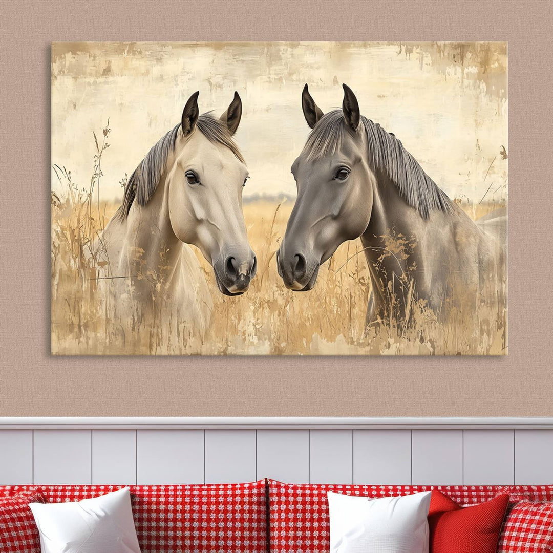 The "Chinese Ink Style Grunge Horses Wall Art Canvas Print," featuring two horses in a field, hangs prominently, highlighting its museum-quality canvas and high-resolution printing.