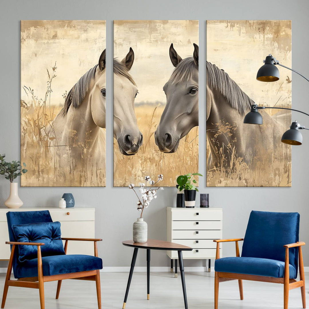 The "Chinese Ink Style Grunge Horses Wall Art Canvas Print," featuring two horses in a field, hangs prominently, highlighting its museum-quality canvas and high-resolution printing.